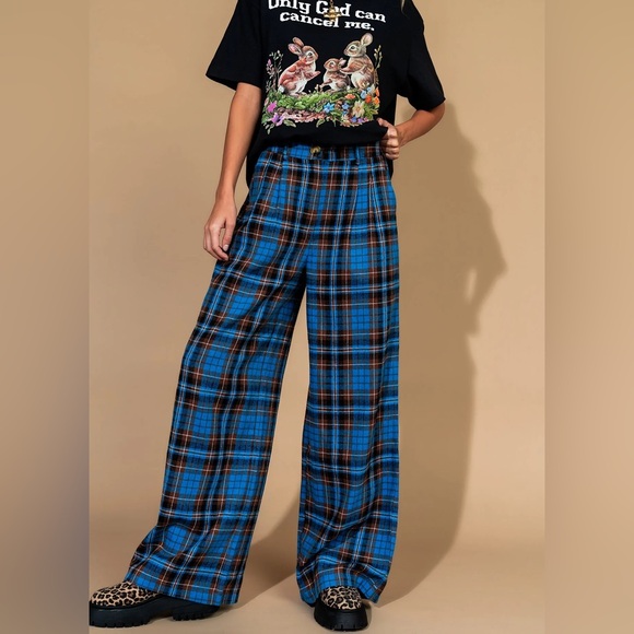Dressed in LALA Rebel Road Plaid Wide Leg Trousers in Blue + Brown - Picture 4 of 4